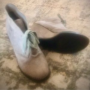 Ankle booties. Tie gray suede fabric upper w/chain details